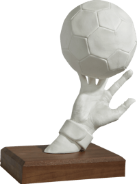 a sculpture of a hand holding a soccer ball